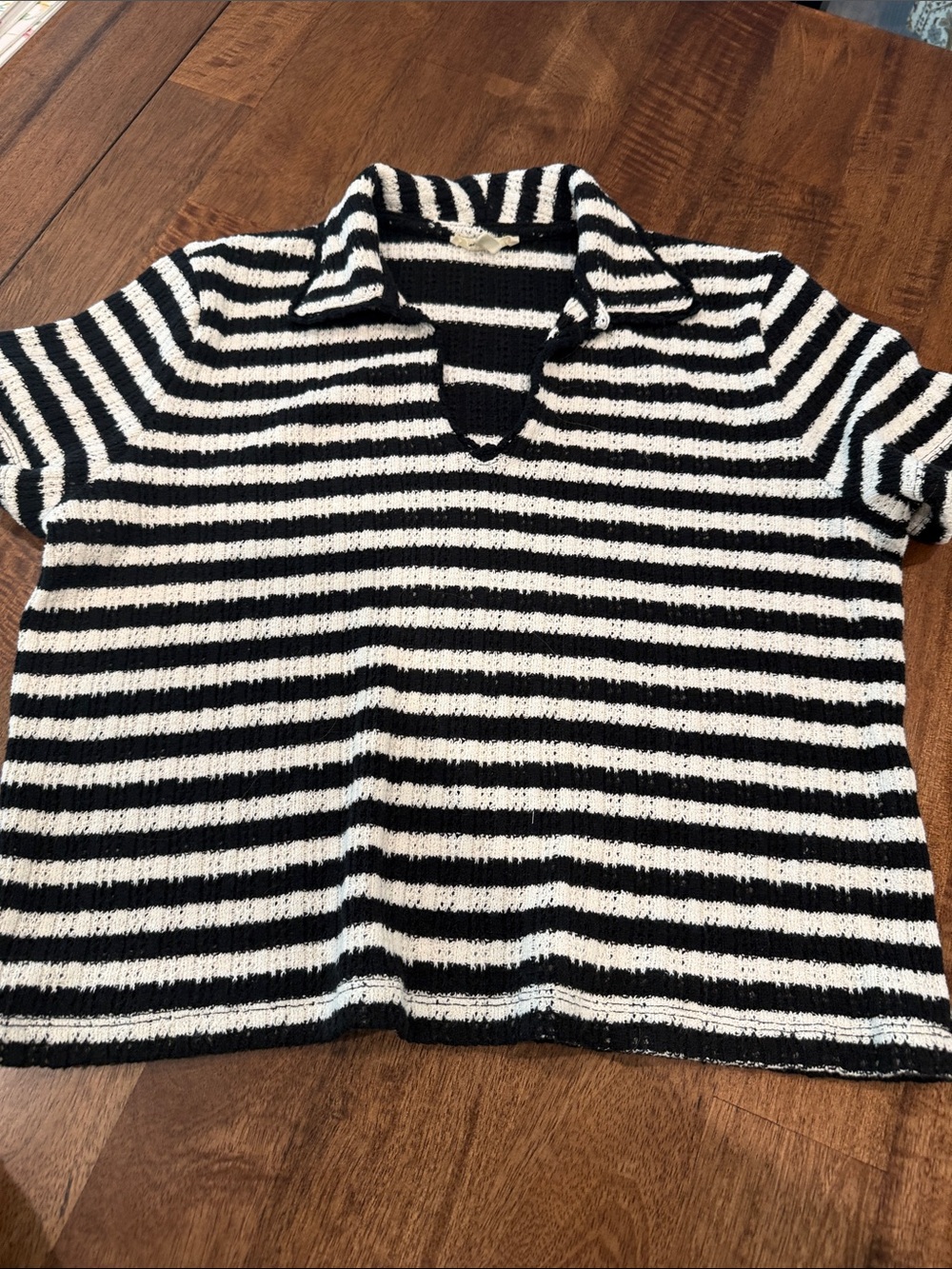 Madewell Black and White Striped Knit Polo Top
